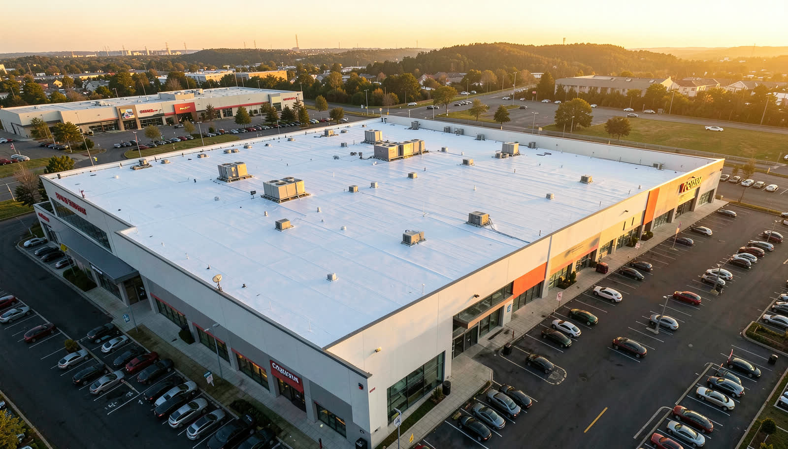Aerial view of a commercial flat roof with white membrane and rooftop HVAC units